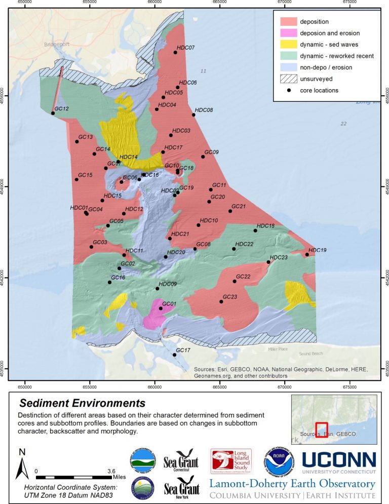 Map of sedimentary environments derived from sub-bottom profiles and sediment cores