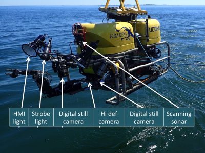 Image of the Kraken2 (K2) remotely operated vehicle (ROV) with captions illustrating the various imaging systems mounted on the vehicle.