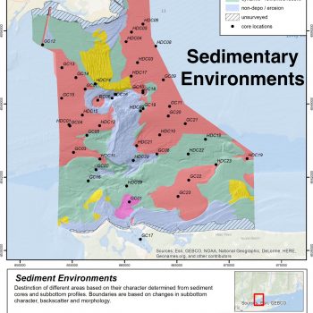 Map of sedimentary environments derived from sub-bottom profiles and sediment cores