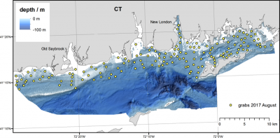 Map of the study are in North-Eastern Long Island Sound with the sample locations marked as yellow dots. Background water depth is provided by NOAA