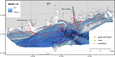 Map of the study are in North-Eastern Long Island Sound showing the sediment grab and core locations as well as the sub-bottom lines collected in spring 2018. Background water depth is provided by NOAA