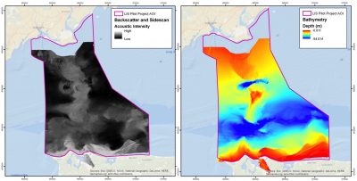 Composite map of backscatter data and bathymetry for the Phase I Pilot Project area