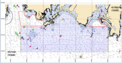 Image of the RV Weicker's navigation system showing the close survey lines established for the acoustic survey of blocks 24 and 25