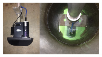 The Geoswath Plus acoustic transducer with mounting bracket and installed in the RV Weicker's moon pool